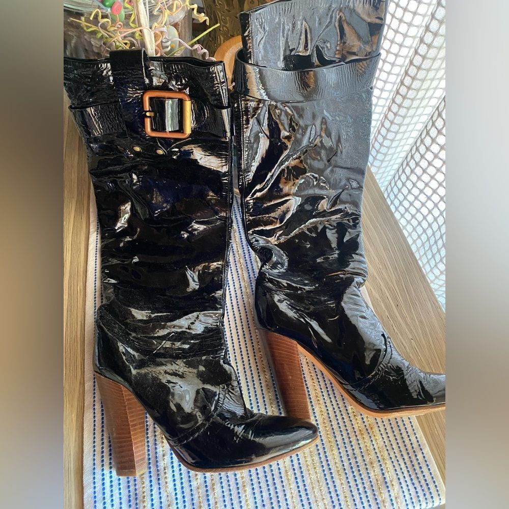 CHLOE PATENT LEATHER Boots Womens Black Buckle Made In Italy Sz 36